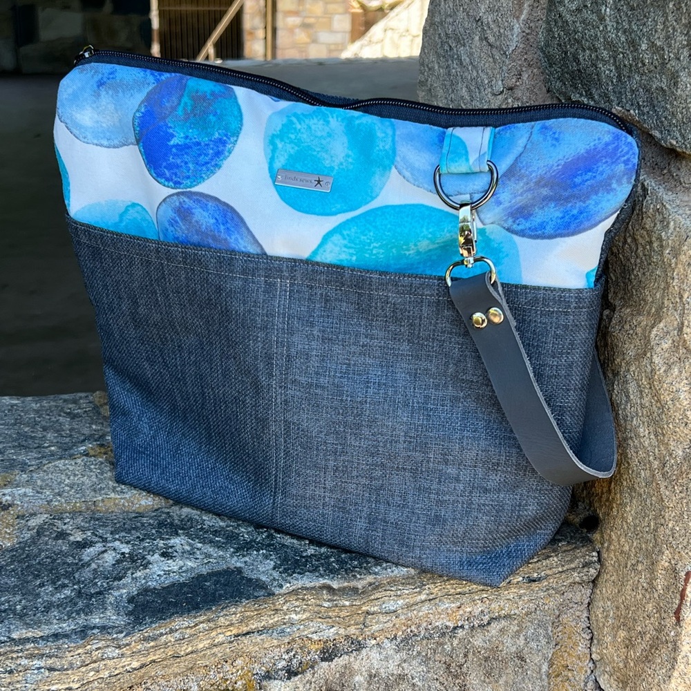 Blue and Grey Canvas bag with Italian leather Grey Strap